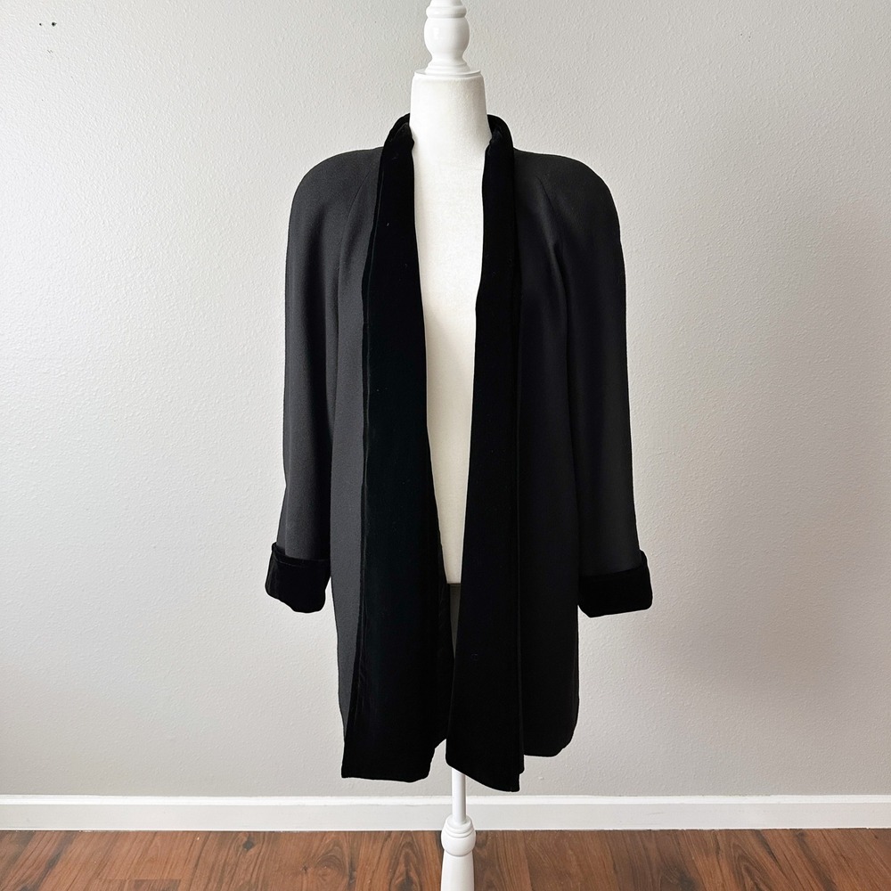 Vintage Paul Alexander Black Velvet Trim Open Front Wool Coat Women's Size 8